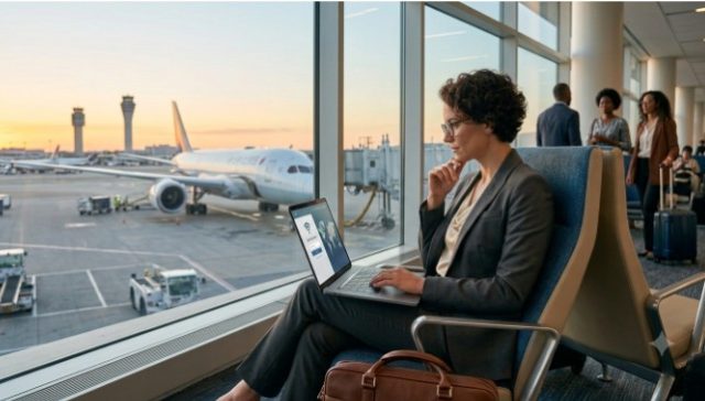 Professional working on a laptop at an airport while preparing a U.S. visa application from outside the United States