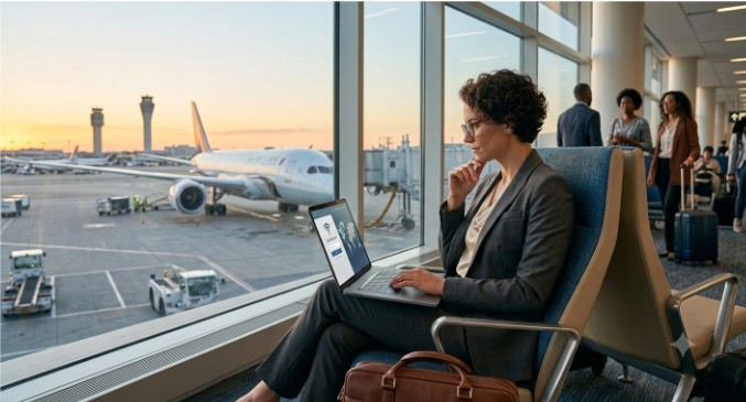 Professional working on a laptop at an airport while preparing a U.S. visa application from outside the United States