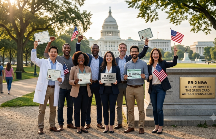 Professionals celebrating the EB-2 NIW green card pathway without employer sponsorship.