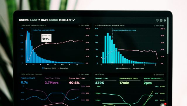 Data analytics dashboard on a laptop screen displaying performance metrics and user charts