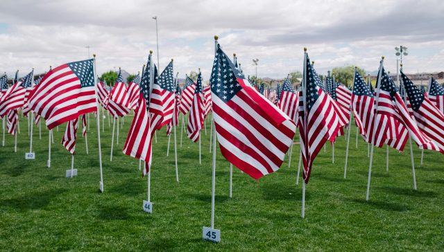 Field of American flags representing green card success for EB-1A extraordinary ability case study.
